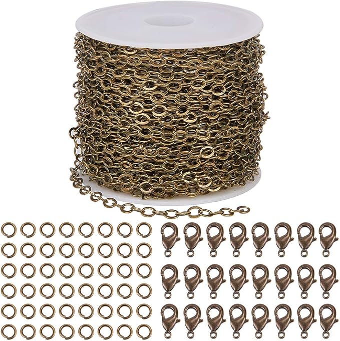 SUNNYCLUE DIY 33 Feet Antique Bronze Curb Cable Chain Link Necklace Small Width 3mm 30 Brass Lobster Claw Clasps, 100 Brass Jump Rings Antique Bronze Jewelry Chain for Jewelry Bracelet Necklace Making