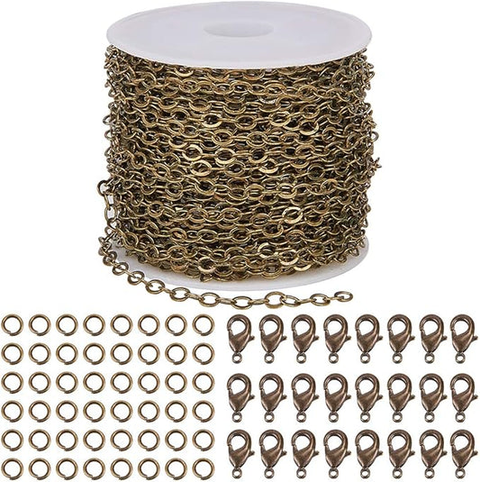 SUNNYCLUE DIY 33 Feet Antique Bronze Curb Cable Chain Link Necklace Small Width 3mm 30 Brass Lobster Claw Clasps, 100 Brass Jump Rings Antique Bronze Jewelry Chain for Jewelry Bracelet Necklace Making