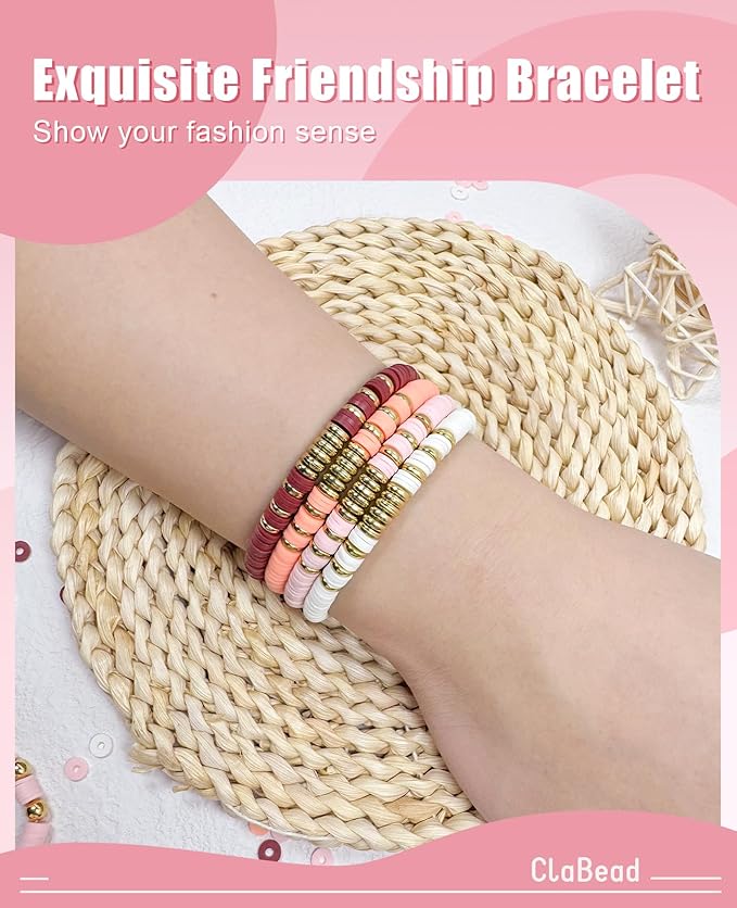 ClaBead Bracelet Making Kit - 3200Pcs Clay Beads With Gold and Letter Beads for Friendship Bracelets (Cute Pink)