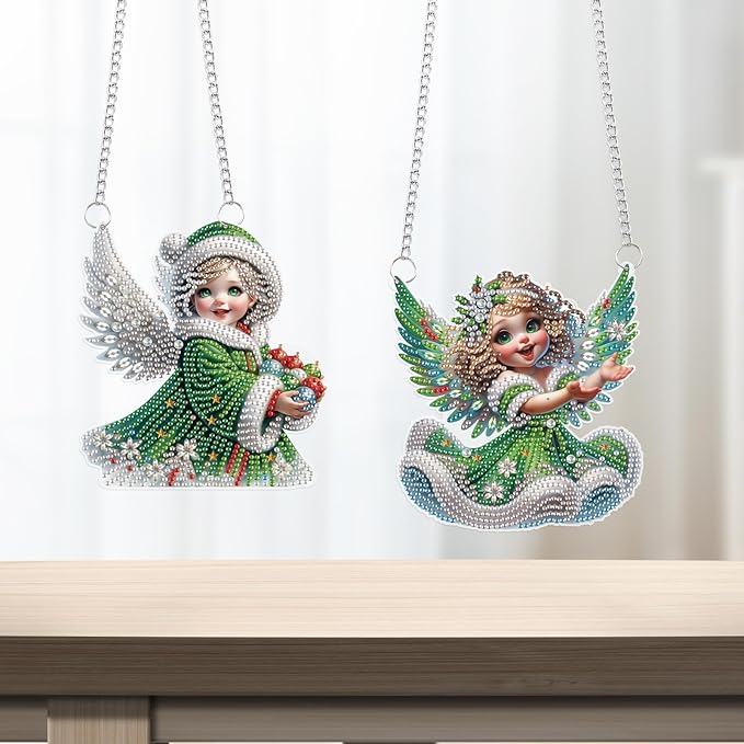 LazyFold 2 Pcs DIY Acrylic Diamond Art Painting Pendants Kits, Angel Special Shaped Rhinestone 5D Diamond Art Window Pendants Home Garden Wall Hanging Ornament Kits Gifts