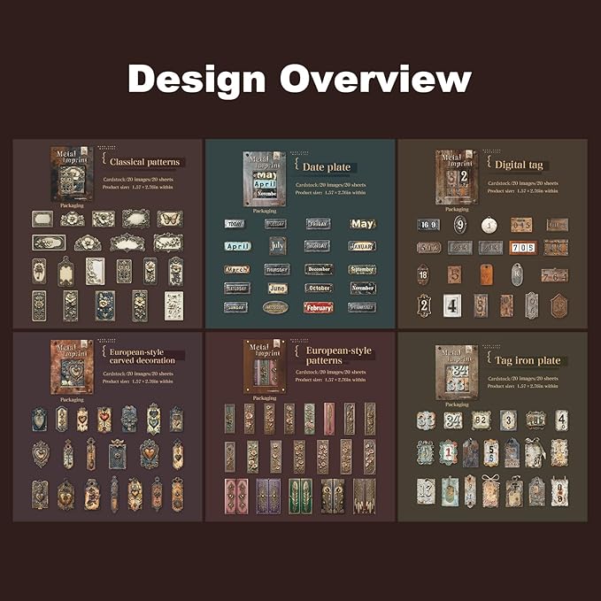 Metal Imprint Stickers Set – 120PCS Vintage Faux Embossed Label Stickers Featuring Writable Self-Adhesive Tags for Scrapbook Junk Journal DIY Crafts