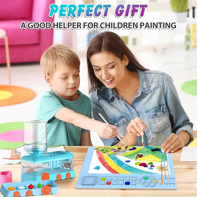 Paint Brush Cleaning Kit for Kids with 5 Brushes, Art Smock, Washable Mat, Guidebook, Spiral Brush Cleaner Jar for Watercolor(Blue)