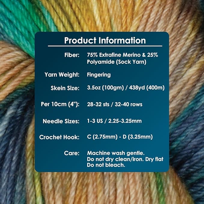 KnitPro Symfonie Fingering Weight Hand Dyed Variegated Yarn Skein | Extra Fine Merino Wool & Polyamide Blend for Knitting & Crocheting, Oeko-TEX Certified 400m, 100g | Terra Riverbank