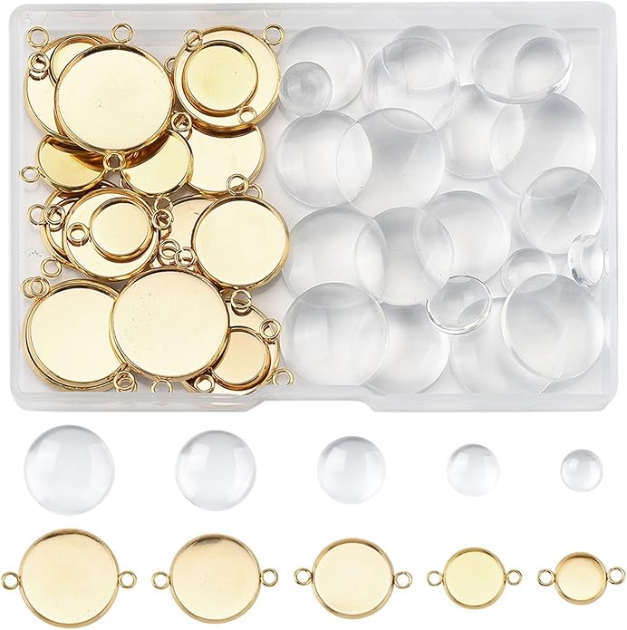 Stainless Steel Blank Dome Links Pendant Tray Connectors with Double Loops for Earrings Bracelets Necklaces Keychains DIY Craft Golden Glass Cabochon Jewelry Making Kit