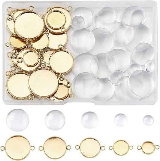 Stainless Steel Blank Dome Links Pendant Tray Connectors with Double Loops for Earrings Bracelets Necklaces Keychains DIY Craft Golden Glass Cabochon Jewelry Making Kit