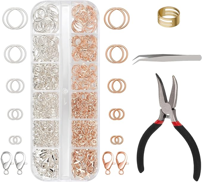 1200 Pcs Jump Rings, Jewelry Making Kit with Open/Close Tools, Pliers, Tweezers, Lobster Clasps, DIY Necklace Repair and Keychain Supplies (Silver Plated & Rose Gold)