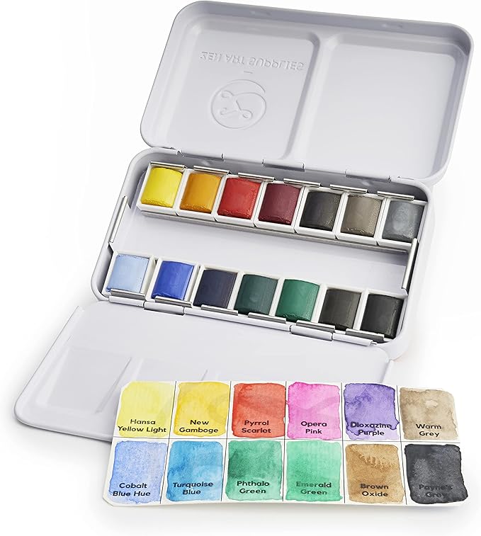 ZenART Professional Moderno Watercolor Paint - Non-Toxic 12 Half-Pan Set in Metal Tin Palette - Portable Travel Set for Adults - Vibrant Modern Water Color for Artists & Illustrators