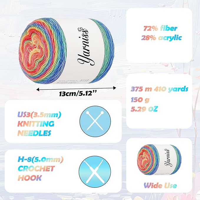 Yarniss Crochet Cake Yarn for Knitting, Gradient-Colored Ombre Yarn for Blanket&Shawl, Rainbow Cotton Yarn 2x150g