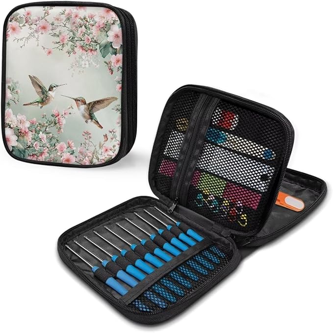 Hechitok Hummingbird Flower Crochet Hook Case, Zipper Storage Organizer Bag with Web Pockets for Crochet Needles/Knitting Accessories/Crochet Hook Kit Tools Easy to Hold