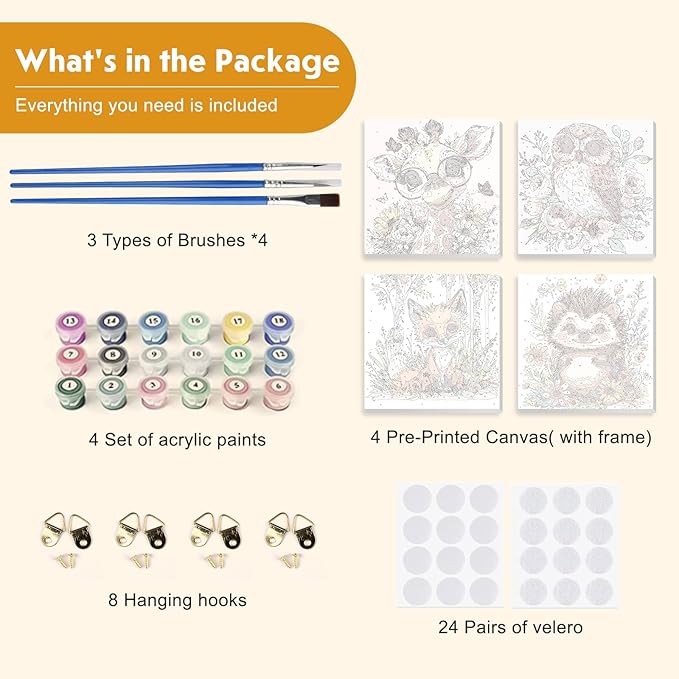 4 Pack Paint by Numbers Kit for Kids Beginner with Wooden Frame, Cute Giraffe, Owl, Fox, Hedgehog, Paint by Numbers Kit for Adults, Adorable Animal, DIY Painting Kits for Home Wall Decor 8x8 inch