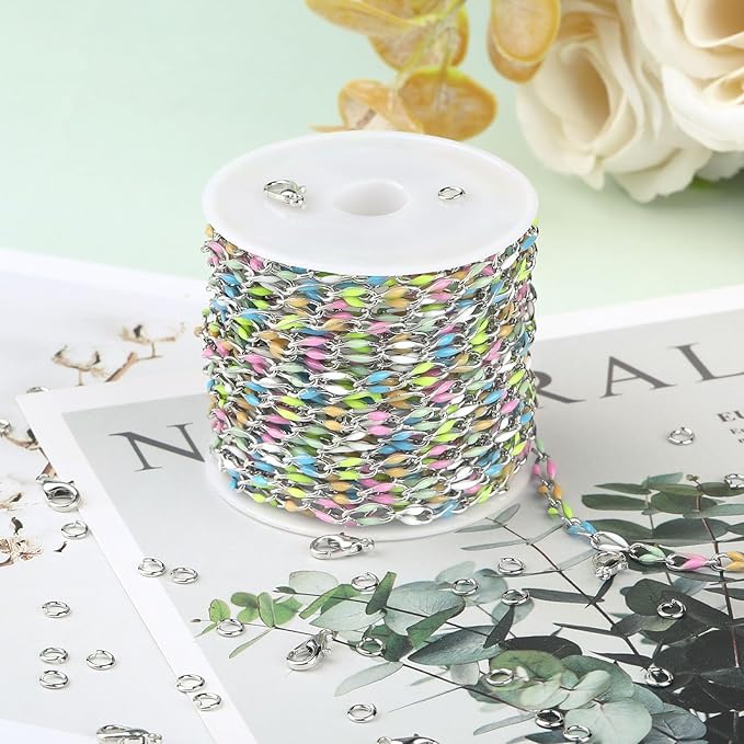 KYUNHOO 13 Feet Rainbow Links Silver Jewelry on Roll Colorful Oil Drip Chains for Jewelry Making Mixed Color Enamel Chain Spool for Women DIY Crafting Supplies Findings