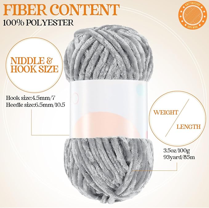 Woanger 20 Skeins Soft Chenille Yarn Velvet Blanket Yarn for Crocheting Hand Knitting Weaving DIY Craft, 10 Colors, 93 Yards Each (Classic Color)