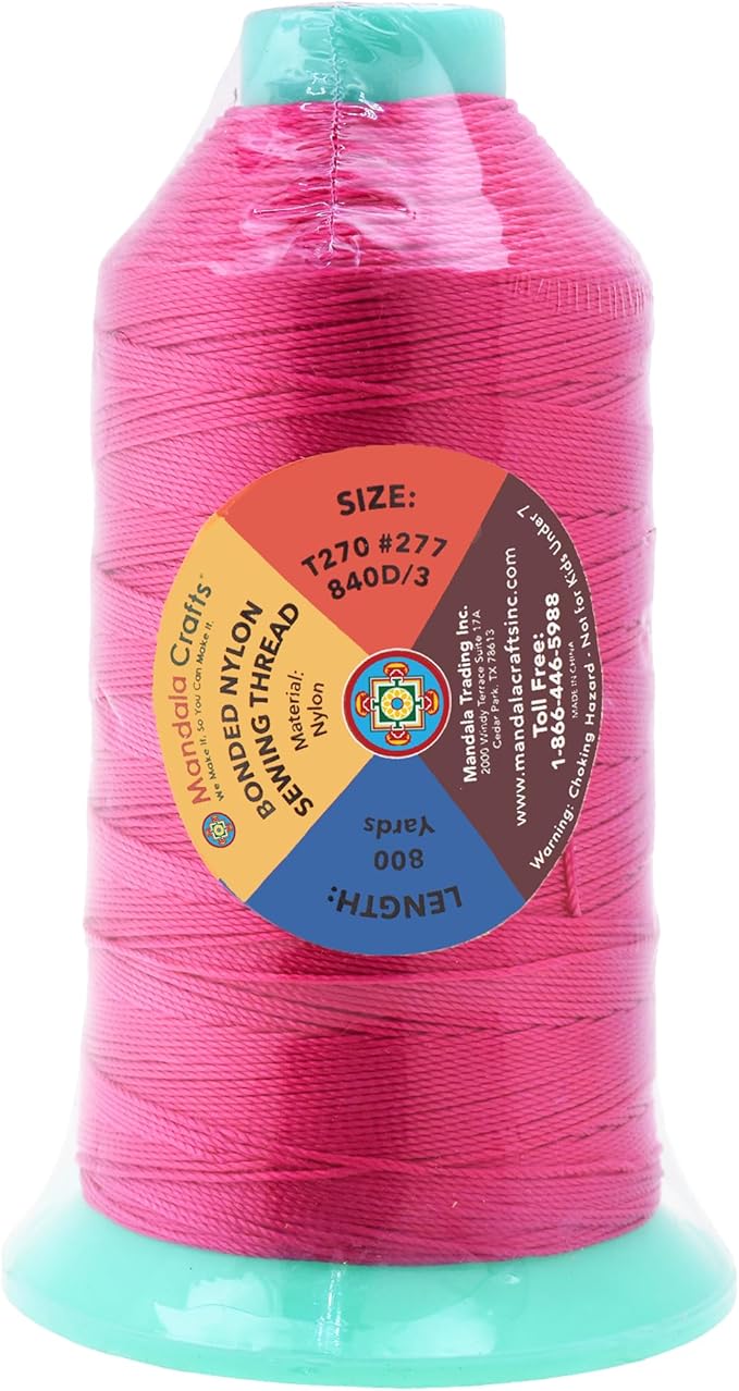 Mandala Crafts Size 277 840D T270 Bonded Nylon Thread - Hot Pink 800 YDs Tex 270 Heavy Duty Sewing Threads for Leather, Jeans, Weaving, Outdoor Marine Upholstery
