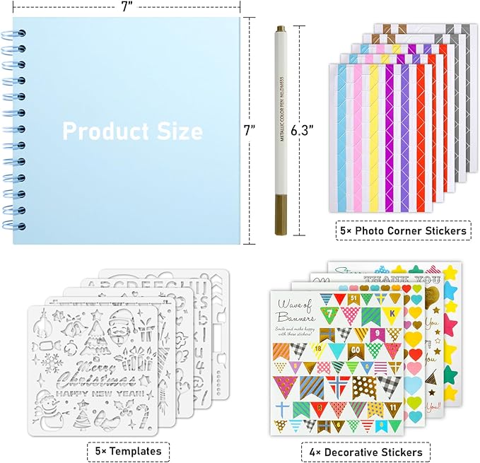 GOTIDEAL 7 x 7 Inch Scrapbook Album with Metallic Marker,40 Pages Kraft Paper Photo Albums for Wedding&Anniversary,Family DIY Scrap Books with Scrapbooking Stickers Corners(Blue)