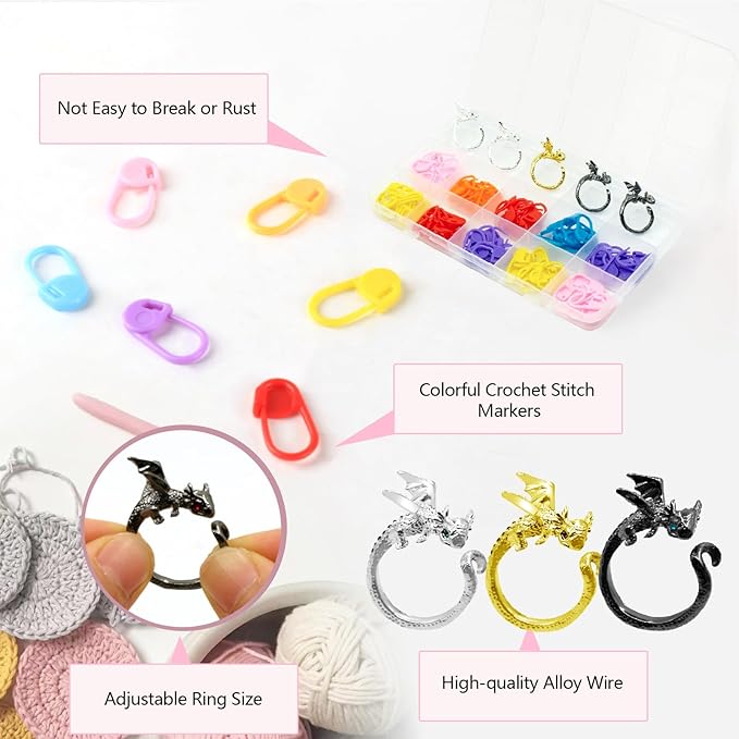 LBU 5Pcs Dragon Crochet Ring + 100Pcs Stitch Markers Adjustable Crochet Tension Rings for Finger Handmade Yarn Guide Crocheting Rings Knitting Accessories with Box Crochet Gifts for Crocheters Women