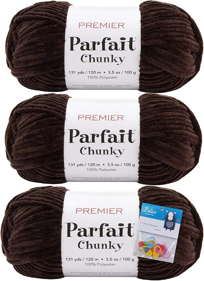Premier Yarns Parfait Chunky Chenille Yarn 3.5 Oz 6 Super Bulky Weight 3 Pack Bundle with Bella's Stitch Place Holders (Espresso)