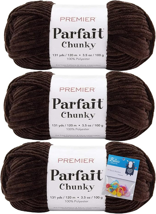 Premier Yarns Parfait Chunky Chenille Yarn 3.5 Oz 6 Super Bulky Weight 3 Pack Bundle with Bella's Stitch Place Holders (Espresso)