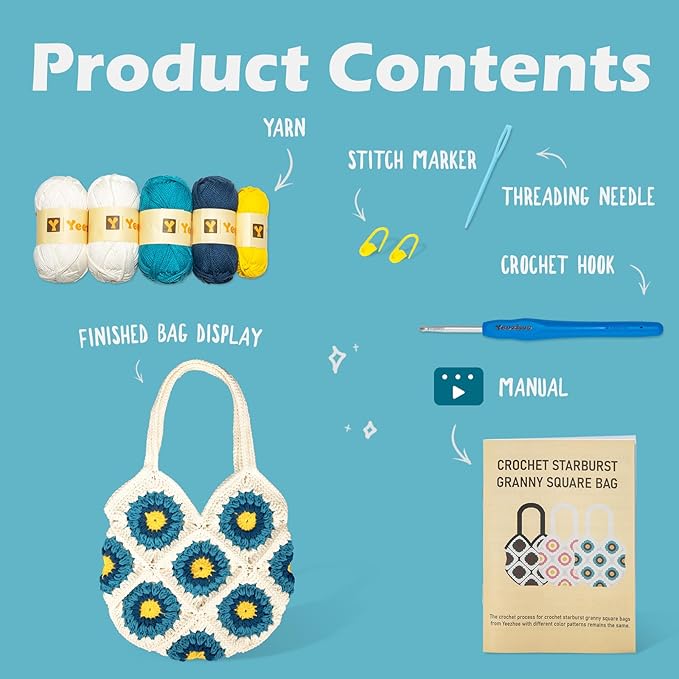 Yeezhee Crochet Kit for Advanced or Intermediate Beginners, Crochet Bag Kit with Step-by-Step Video Tutorials, Granny Square Crochet Tote Bag Set, Knitting Kit Including Yarn, Crochet Hook, Corydalis