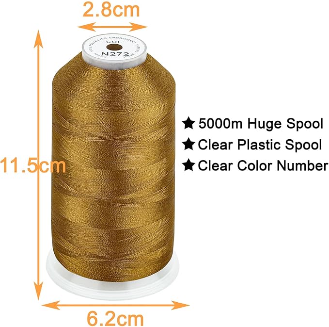 New brothread - Single Huge Spool 5000M Each Polyester Embroidery Machine Thread 40WT for Commercial and Domestic Machines - Old Gold(Janome Color)