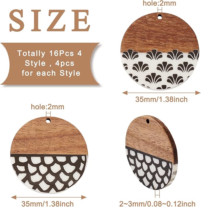 Beadthoven 16pcs/8 Pairs Resin Wood Earring Pendants Vintage Black White Stripe Print Flat Round Wooden Tags Wood Pieces Pendants for Fashion Jewelry Making Necklace Findings Women