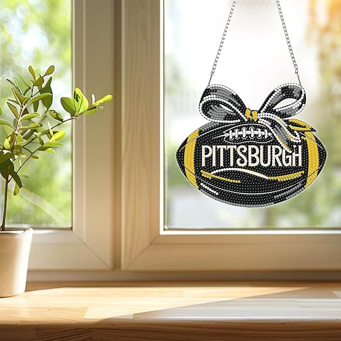 Rertcioph Football Diamond Art Hanging Kit for Adults, DIY Acrylic 5D Diamond Painting Hanging Ornament for Pittsburgh Home Wall Decor and Gift