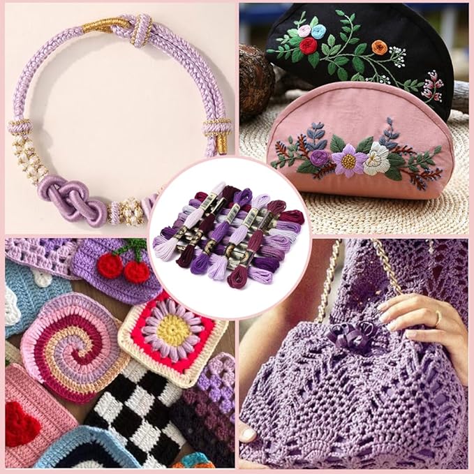 12 Skeins 105 Yards Gradient Purple Polyester Embroidery Floss Cross Stitch Threads Colorful Friendship Bracelets Craft Needlepoint Yarn for Sewing Making DIY Birthday Wedding Stitching