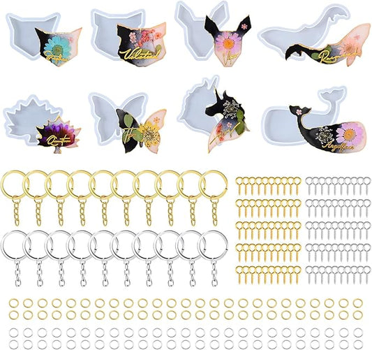 228pcs Resin Keychain Molds, UV Resin Molds for Beginner, Animal Leaf Shape Silicone Molds for Keychain Jewelry Pendant Making