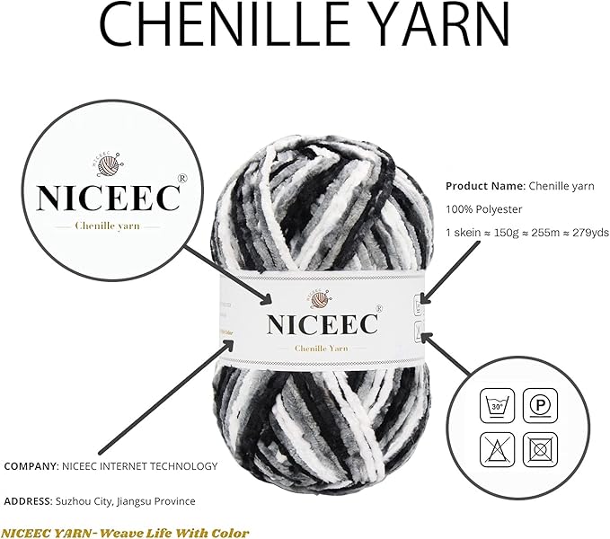 NICEEC 2 Skeins Soft Chenille Yarn Blanket Yarn for Knitting Fancy Yarn for Crochet Weaving DIY Craft Total Length 2×255m (2×279yds, 2×150g)_Black White Gray