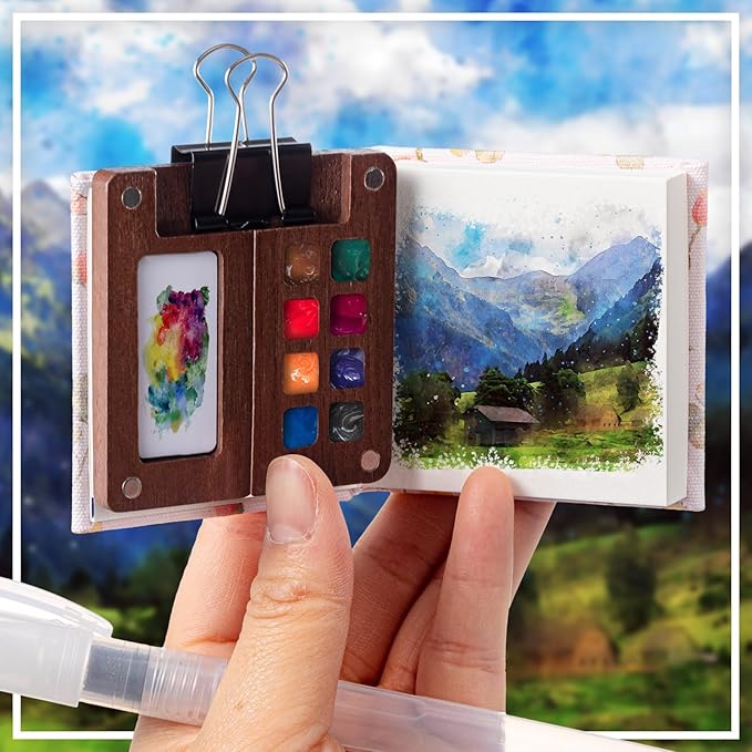 Qilery Mini Portable Watercolor Palette Set Wooden Grid Paint Box Watercolor Paper Sketch Book Brush Pens with Binder Clip for Painters Artist Not Include Paint(Rabbit)