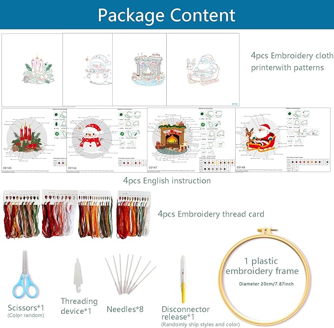Zhenqing 4 Christmas Designs Embroidery Kit for Beginners, 4-Pack Pre-Printed 29x29cm Fabric with 20cm Hoop, Threads & Tools for Hand Embroidery - Snowman, Santa, Fireplace, Candles(C0183)