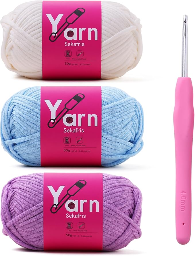 Crochet Yarn with Cotton Yarn for Crocheting - Crochet Knitting Yarn for Beginners with Easy-to-See Stitches - Yarn for Crocheting - Chunky Yarn Cotton (Pale Purple+White+Pale Blue)