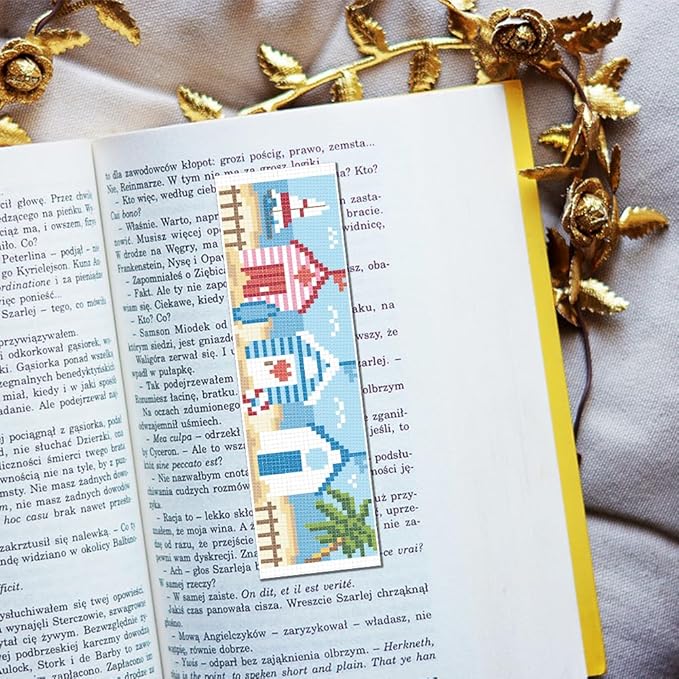 FREEBLOSS 6 PCS Cross Stitch Bookmark Kits for Beginner Summer Beach Scenery Stamped Cross Stitch Kit DIY Embroidery Bookmark Kit with Instructions 8'' x 2.4''