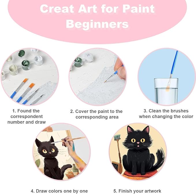 Funny Black Cat Paint by Numbers Kit for Adults Beginners, 4 Pack Cute Cat Easy Framed Adults Paint by Numbers Kits, DIY Black Cat Acrylic Oil Painting Number Kits for Home Wall Decor (8 x 8 Inch)