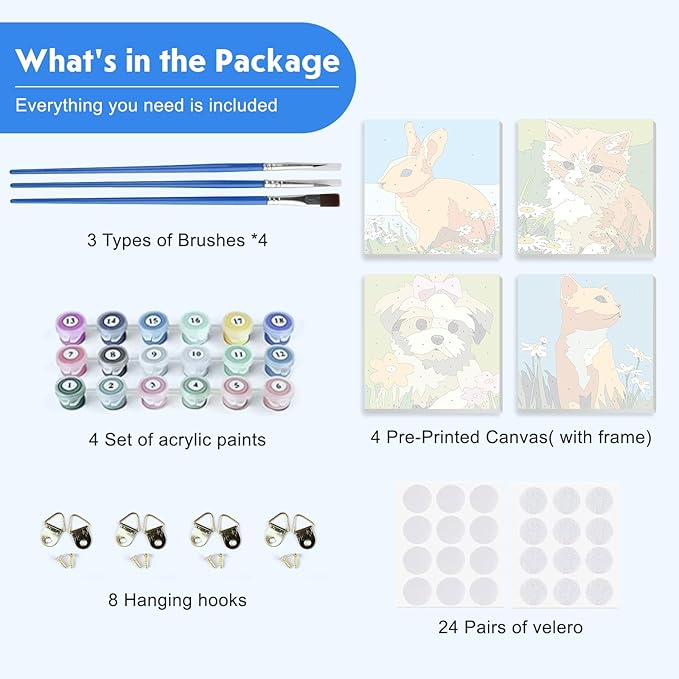 NEWENMO 4 Pack Paint by Number for Kids with Wooden Frame, Cute Rabbit, Cat, Dog Paint by Numbers for Kids Ages 8-12, Animal, DIY Acrylic Oil Painting for Beginners for Home Wall Decor 8X8 inch