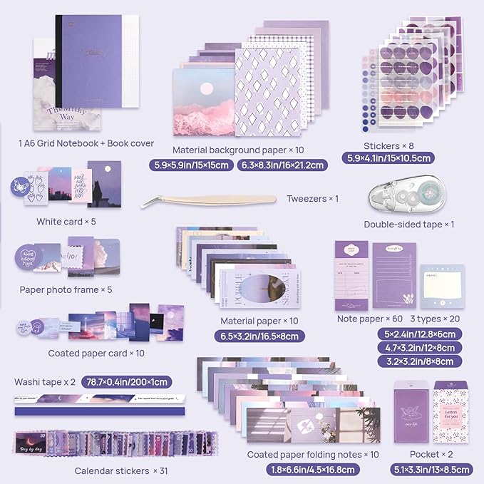 Scrapbook Photo Album Supplies Kit with Tweezers and Glue Tape – Romantic Stationery Aesthetic Junk Journal Kit, Scrapbooking Paper, Sticker Pack, Notebook, DIY Craft, Gift for Teen Women (Monnlight)