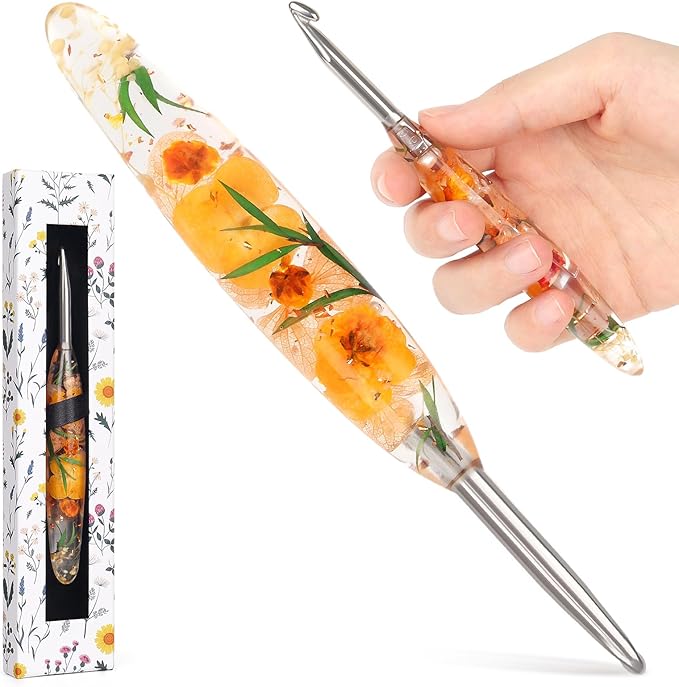 Katech 6.0mm Crochet Hook for Arthritic Hands, Hand-Polished Stainless Steel Ergonomic Crochet Hooks with Customized Sparkle Dried Floral Grip, Soft Tapered Hook-Crochet Gift for Beginner & Crocheter
