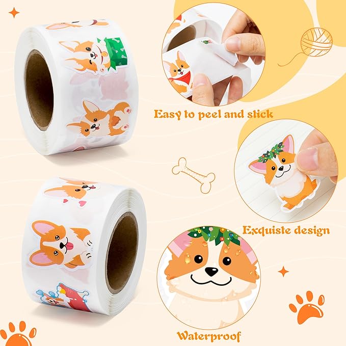 beyumi cute corgi roll stickers - 1000pcs corgi stickers in 2 rolls waterproof vinyl cute fancy pets dogs animal decals for cars phone laptop bottle notebook luggage computer envelope decor for kids