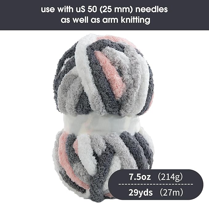 HOMBYS Chunky Tie Dye Mix Chenille Yarn for Hand Knitting, Super Bulky Jumbo Yarn for Crocheting, 3/4" Thick Soft Plush Yarn for Blankets, 8 Skein Pack (26 yds / 7.5 oz Each) Grey White Pink