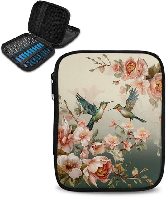 Hechitok Hummingbird Floral Hook Case, Organizer Zipper Bag with Web Pockets for Various Crochet Needles and Knitting Accessories Easy to Carry