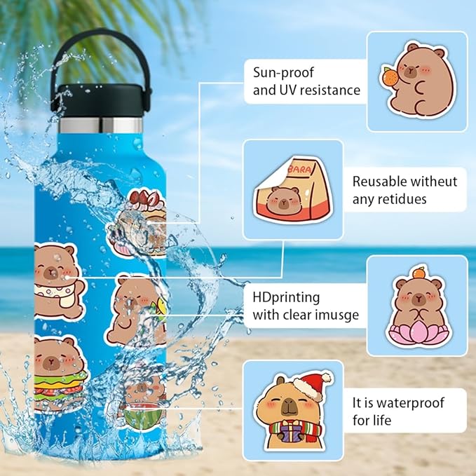 200pcs cute capybara stickers bluk.waterproof vinyl stickers pack for water bottle laptop skateboard scrapbooking.animal decals stickers party favors for kids girls adults teens