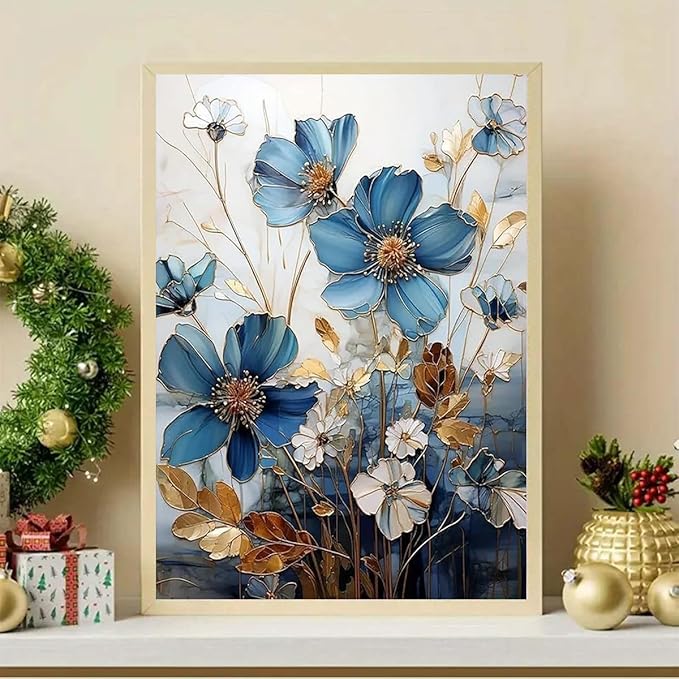 GEMFAMILY 5D Blue Flowers Diamond Painting Kits for Adults, Flowers Diamond Art Kit for Beginners,DIY Full Round Drill Diamond Dot Gem Art Kits for Adults Home Wall Decor 12 X 16inch