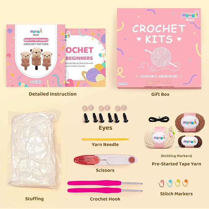 Mewaii Crochet Kit for Beginners Level 1 with 40% Extra Eco-Friendly Pre-Started Easy Yarn, Step-by-Step Video Tutorials for Adults and Kids (3 Pack Sea Otter Family)