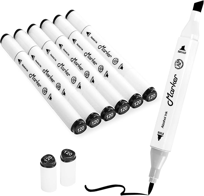 Black Alcohol Markers, 6 Pack Dual Tips Soft Fine Tip and Broad Tip Dual Tips Permanent Art Marker for Artists Adults Coloring Drawing Illustration Sketching Painting (Black)