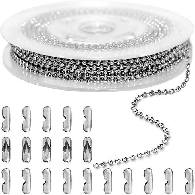 jishi 33ft ball chain 2.4mm silver stainless steel bead link chain roll for beaded dog tag necklace, mens military jewelry making supplies, pull chain diy bracelets keychain craft - w/20#3 connectors