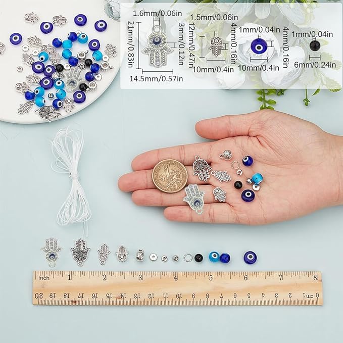 SUNNYCLUE 1 Box 240Pcs 6 String Evil Eye Bracelets Making Kit 8mm/10mm Evil Eye Beads Bulk Lampwork Glass Beads Blue Hamsa Hand Charms for Jewelry Making Kits Women Adults DIY Bracelets Crafts