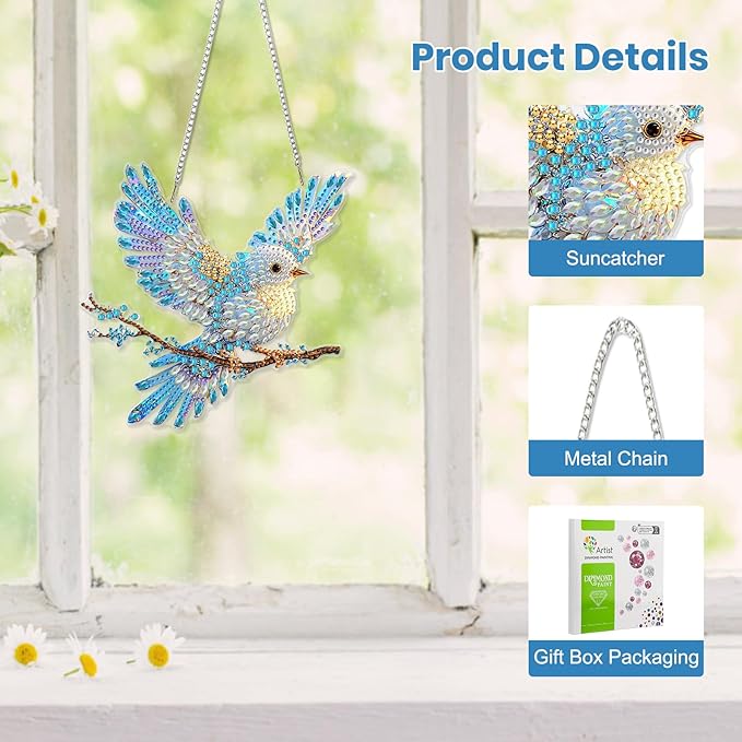 EOBROMD Diamond Hanging Art Kits for Adults, Bird Diamond Art Painting Suncatcher, DIY Special Shaped Rhinestone Kits for Adults, Window Pendants Garden Wall Hanging Ornament