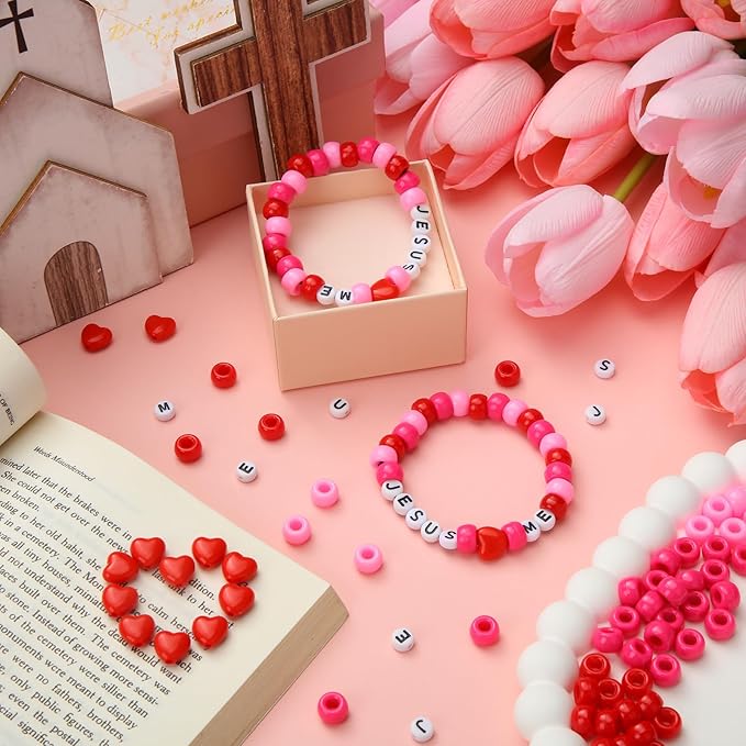 Ferreve 35 Sets Valentine's Day Christian Craft Kit Jesus Love Me DIY Bead Wristband Craft Kit Letter Charms for Valentine Galentines Vbs Week Religious Bible Verse Gifts Jewelry Making