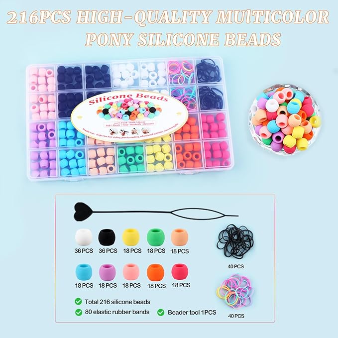 AD Beads 208PCS 6x9mm Soft Pony Silicone Beads for Hairstyle, Multicolor with 80 Elastic Bands, Tool and Storage Box Kit for Braids, Bracelet, Crafts.
