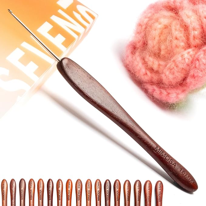 SEVENSUN Mimosa 1.6mm Single Crochet Hook, Available in 0.6mm-6.5mm, Ergonomic Hand Polished Stainless Steel Inline Pointy Wood Handle Crochet Hook for Arthritic Hands