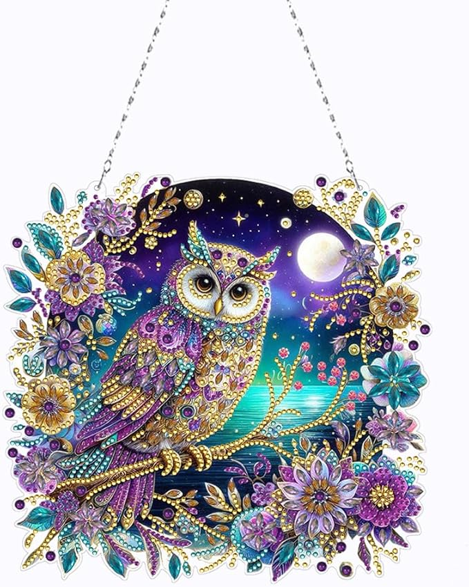 POETRYDRAW DIY Hanging Diamond Art Pendant Kit Owl, Special Crystal Diamonds Painting Ornament for Adults, 5D Diamond Art Suncatchers Double Sided Board Gem Painting Box Kit